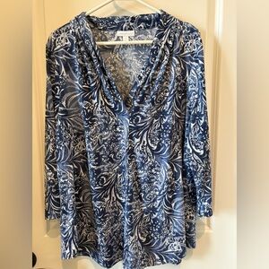 Charter Club Blue and White Draped V-Neck Long Sleeve Top